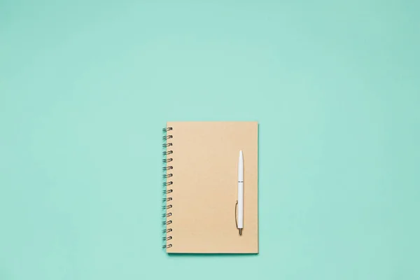 Bloc de notas de composición plana con bolígrafo en el escritorio de menta. Puesta plana de moda para bloggers, diseñadores, etc. — Foto de Stock