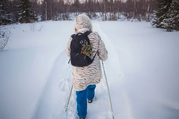 Een oudere vrouw wandelt door het ijzige winterbos met een rugzak met jeneverbesstruiken. Een vrouw is bezig met Scandinavisch wandelen — Stockfoto