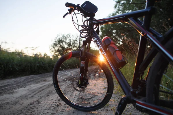 Arkhangelsk, Rusya-17 Temmuz 2019: Orman yolunda gün batımında dağ bisikleti Gt. Resimli editörel resim