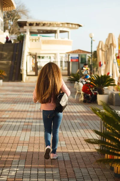 Chica con estilo con hermoso pelo largo camina a lo largo del terraplén. Una cara irreconocible. Vista desde atrás — Foto de Stock