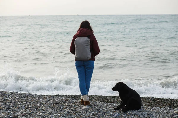 Eine Frau in Jacke mit Rucksack und Hund beobachtet die Meereswellen von hinten — Stockfoto