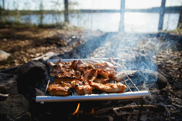 Mięso z kurczaka na ognisku. Przenośny grill ze stali nierdzewnej Koncepcja wędrówki Grill. gotowanie na dzikiej przyrody — Zdjęcie stockowe