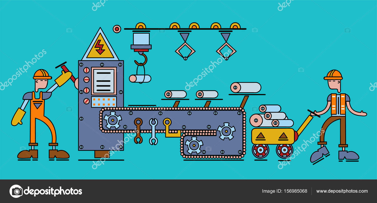 Industrial conveyor Belt with mechanical manipulators, machine tools, and  workers in uniform. Vector illustration. Stock Vector Image by  © #156985068
