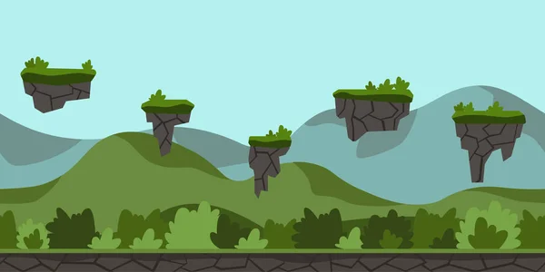 Απρόσκοπτη υπόβαθρο ατέλειωτη γελοιογραφία για arcade παιχνίδι. Πράσινο λοφώδες τοπίο με θάμνους και πέταγμα νησιά. Εικονογράφηση διάνυσμα. — Διανυσματικό Αρχείο