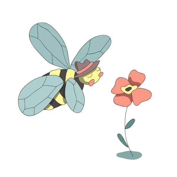 可爱的卡通蜜蜂与花朵，矢量孤立地展示在简单的样式. — 图库矢量图片