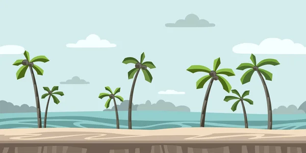 Sfondo senza soluzione di continuità per il gioco arcade. Spiaggia sabbiosa con palme e nuvole nel cielo blu. Illustrazione vettoriale . — Vettoriale Stock