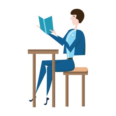 Bir kitap okuma bir masada oturan Mavi takım elbiseli adam. Vektör çizim üzerinde beyaz izole düz stilde.