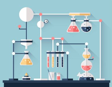 Bilimsel kimyasal denemeler yapın, labaratuar donanımları. Test tüpleri, şişeler ve diğer Laboratuar kapkacakları tüpler eklemli. Vektör çizim.