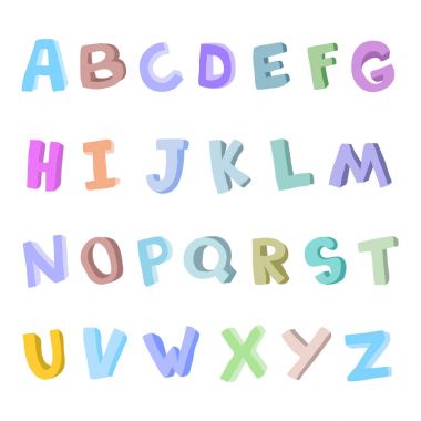 Vektör çizilmiş alfabesi, yazı tipi, mektuplar. 3D doodle Abc çocuklar için.