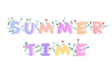 Yaz saati doodle yazı, çiçeklerle süslenmiş. Beyaz izole vektör çizim.