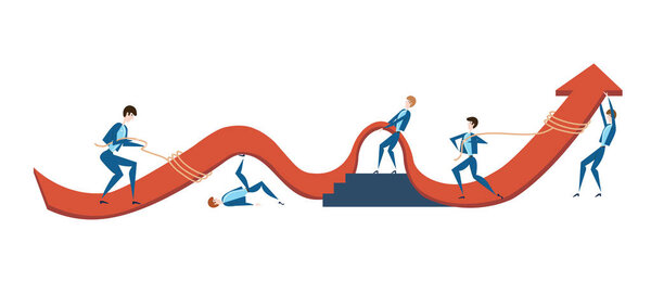Деловые люди пытаются поднять график роста доходов компании. Концепция командной работы. Векторная иллюстрация, изолированная на белом
.