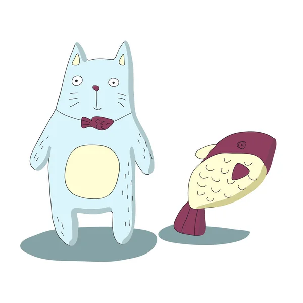 Lindo gato de dibujos animados y peces. Ilustración vectorial infantil en estilo garabato simple . — Vector de stock
