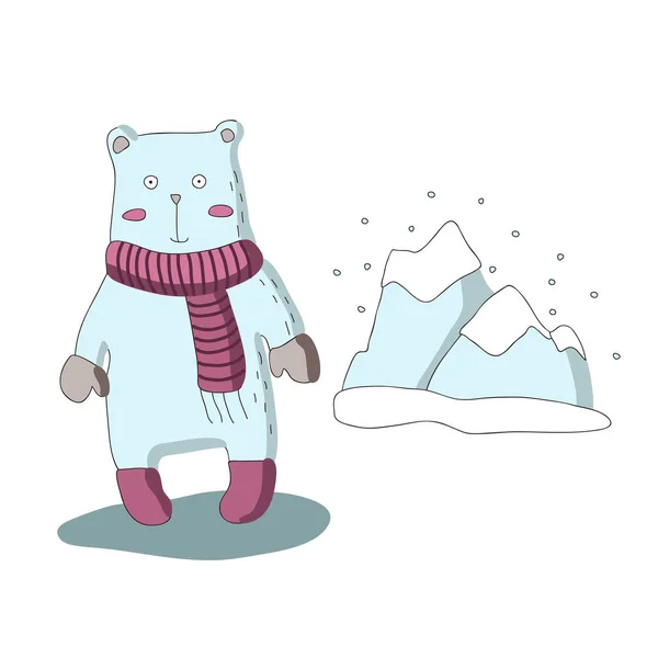 Bonito personagem urso polar cartoon com cachecol e montanhas cobertas de neve. Ilustração vetorial isolada em estilo simples . —  Vetores de Stock