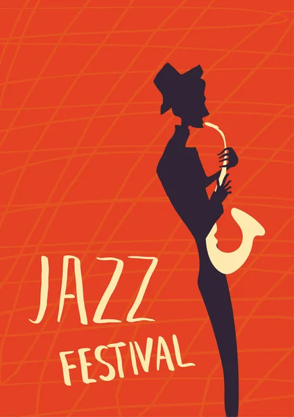 Cartel para el festival de música de jazz o concierto. El músico toca el saxofón . — Vector de stock