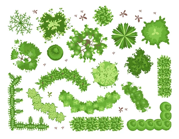 Conjunto de diferentes árboles verdes, arbustos, setos. Vista superior para proyectos de diseño de paisajes. Ilustración vectorial, aislada en blanco . — Vector de stock