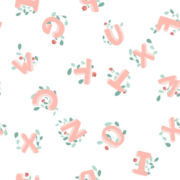 Vektor bezešvé vzor kreslené dětské abecedy vyzdobené květinami. 3D písmena doodle. Písmo pozadí pro děti ABC. — Stockový vektor