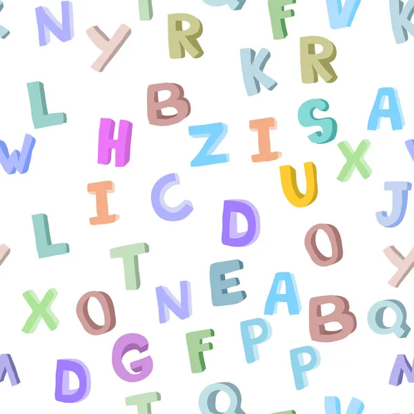 Patrón sin costura vectorial de alfabeto infantil dibujado a mano. Letras garabatos 3D. Fondo de fuente ABC para niños . — Vector de stock