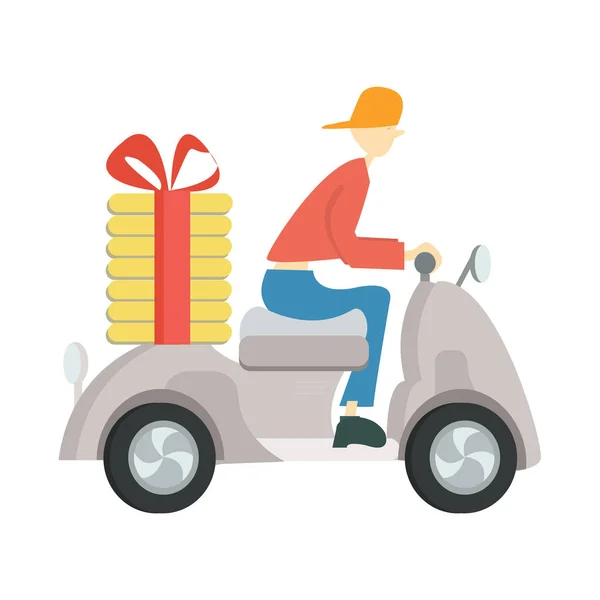 Entrega de pizza em uma scooter. Um homem a conduzir um ciclomotor. Ilustração vetorial sobre fundo branco . —  Vetores de Stock