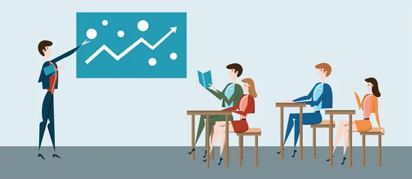 Студенти за робочими столами та викладачі в дошці або бізнес-презентації в офісі. Векторні ілюстрації . — стоковий вектор