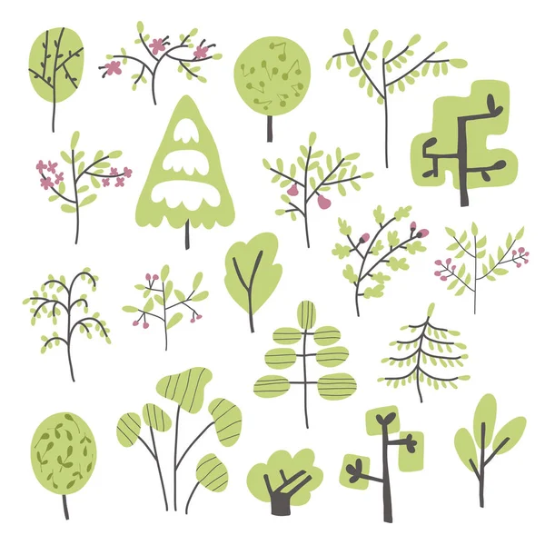 Ensemble d'arbres et d'arbustes dans un style simple doodle. Illustration vectorielle isolée . — Image vectorielle