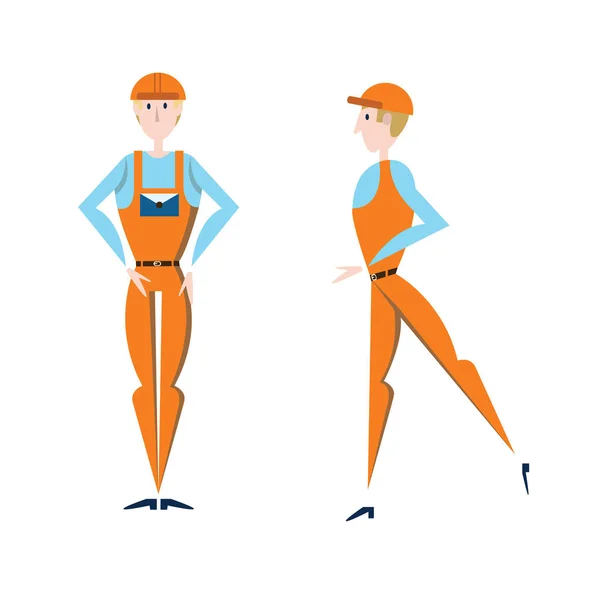 Характер рабочего в комбинезоне, оранжевой форме. Векторная иллюстрация, изолированная на белом . — стоковый вектор