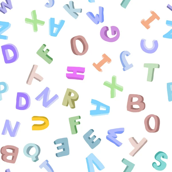 Patrón sin costura vectorial de alfabeto infantil dibujado a mano. Letras garabatos 3D. Fondo de fuente ABC para niños . — Vector de stock