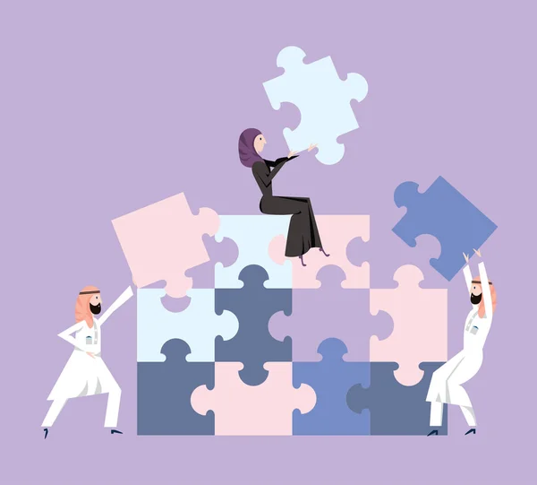 Les gens dans la robe nationale arabe collectionnent puzzle. Concept d'entreprise de travail d'équipe et de team building. Illustration vectorielle . — Image vectorielle