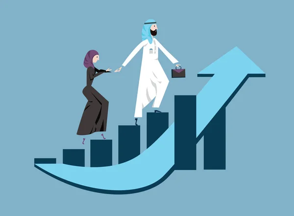 アラブのビジネスの男性と所得の伸びの右上がりのグラフを歩いてアラビアの民族衣装の女性。ベクトル図では、青に分離. — ストックベクタ