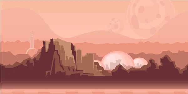 Seamless unending background for game or animation. Surface of the planet Mars with mountains, space settlement and rocket. Vector illustration, parallax ready. — Stock Vector