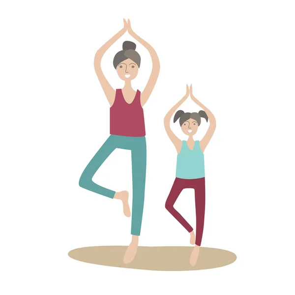 Madre e hija practicando yoga de pie sobre una pierna. Deportes en familia y actividad física con niños, recreación activa conjunta. Ilustración vectorial en estilo plano, aislada en blanco . — Vector de stock