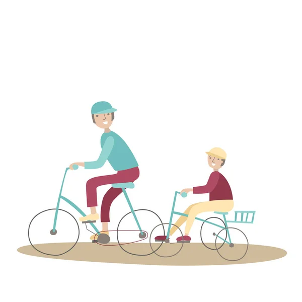 O pai e o filho andam de bicicleta. Bicicleta familiar Esportes e atividade física com crianças, recreação ativa conjunta. Ilustração vetorial em estilo plano, isolada sobre branco . — Vetor de Stock