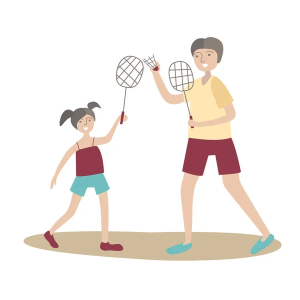 Μπαμπάς και κόρη παίξετε μπάντμιντον. Οικογενειακό σπορ και τη σωματική δραστηριότητα με τα παιδιά, κοινές ενεργό αναψυχή. Εικονογράφηση διάνυσμα σε επίπεδη στυλ, απομονώνονται σε λευκό. — Διανυσματικό Αρχείο