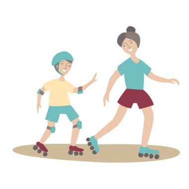 Anne ve oğlu tekerlekli paten üzerinde. Aile spor ve fiziksel aktivite ile çocuk, ortak Aktif istirahat. Vektör çizim üzerinde beyaz izole düz stilde.