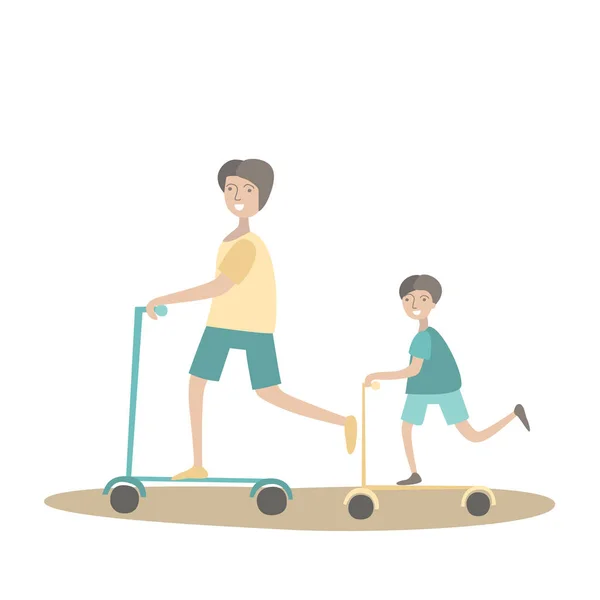 Padre e hijo montan scooters. Deportes en familia y actividad física con niños, recreación activa conjunta. Ilustración vectorial en estilo plano, aislada en blanco . — Archivo Imágenes Vectoriales