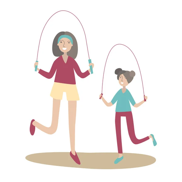 Madre e hija saltando la cuerda. Deportes en familia y actividad física con niños, recreación activa conjunta. Ilustración vectorial en estilo plano, aislada en blanco . — Archivo Imágenes Vectoriales