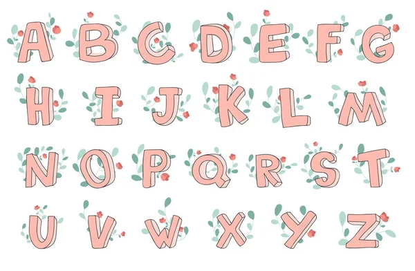 Alfabeto lindo dibujado a mano vectorial con decoración floral, fuente, letras. 3D doodle ABC para niños . — Vector de stock
