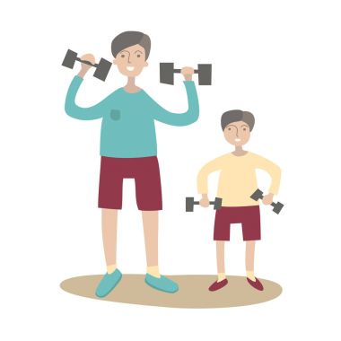 Baba ve oğul dumbbells ile egzersiz yaparak. Aile spor ve fiziksel aktivite ile çocuk, ortak Aktif istirahat. Vektör çizim üzerinde beyaz izole düz stilde.