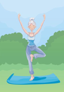 Tek ayak üstünde duran bir yaşlı kadın pratik yoga açık havada. Aktif yaşam tarzı ve spor faaliyetleri yaşta. Vektör çizim.