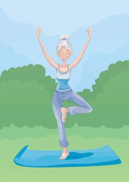 Une femme âgée pratique le yoga à l'extérieur, debout sur une jambe. Mode de vie actif et activités sportives dans la vieillesse. Illustration vectorielle . — Image vectorielle