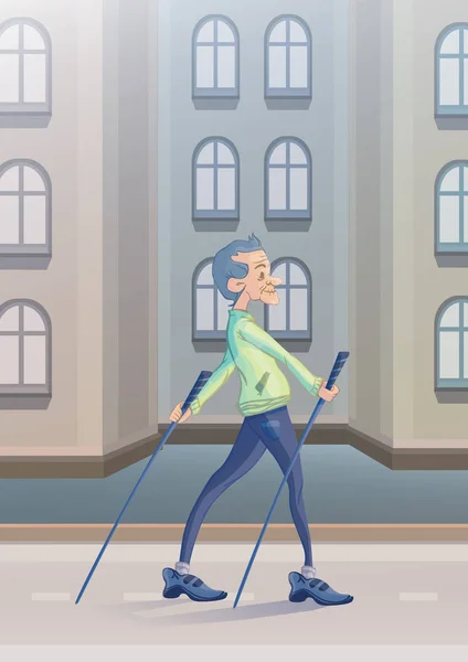 Un anciano practicando el nordic walking en la calle de la ciudad. Estilo de vida activo y actividades deportivas en la vejez. Ilustración vectorial . — Vector de stock