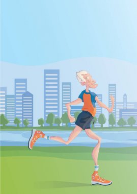 Bir yaşlı adam pratik Jogging açık havada. Aktif yaşam tarzı ve spor faaliyetleri yaşta. Vektör çizim.