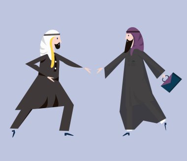 Siyah Arap Ulusal elbiseli Arap iş adamları birbirlerine tanışacağız. Vektör çizim.