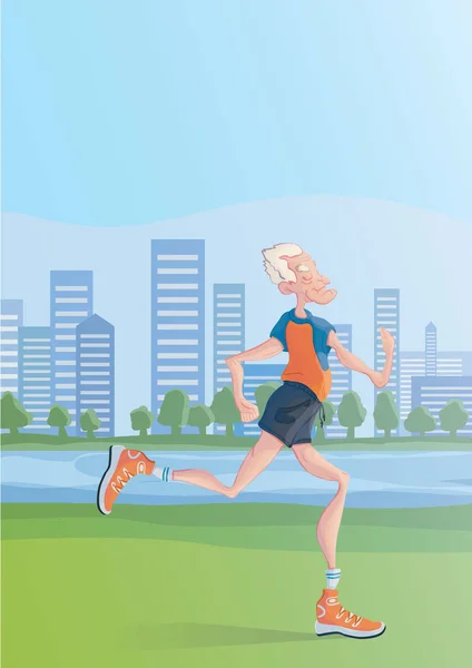 Een oudere man praktijk Jogging in de buitenlucht. Actieve levensstijl en sport activiteiten op oudere leeftijd. Vectorillustratie. — Stockvector