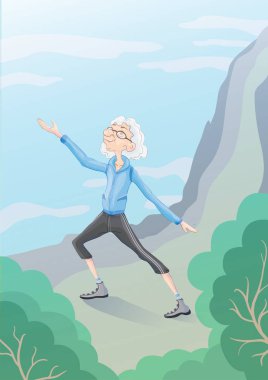 Yaşlı adam Taiji veya Wushu jimnastik doğada pratik. Aktif yaşam tarzı ve spor faaliyetleri yaşta. Vektör çizim.