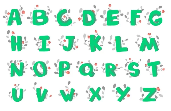 Handritade 3d doodle alfabetet, dekorerad med blommande växter. Vektorillustration. — Stock vektor