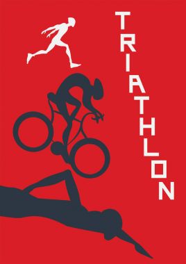 Poster triatlon yarışmaları için. Vektör çizim koşucu, bisikletçi ve yüzücü.