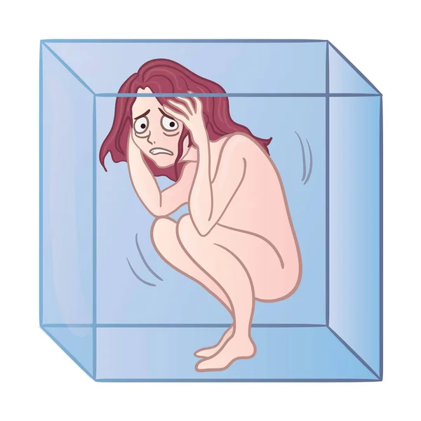 Hombre desnudo asustado en una caja de vidrio. Claustrofobia, miedo a los espacios cerrados. Ilustración vectorial, aislada en blanco . — Vector de stock