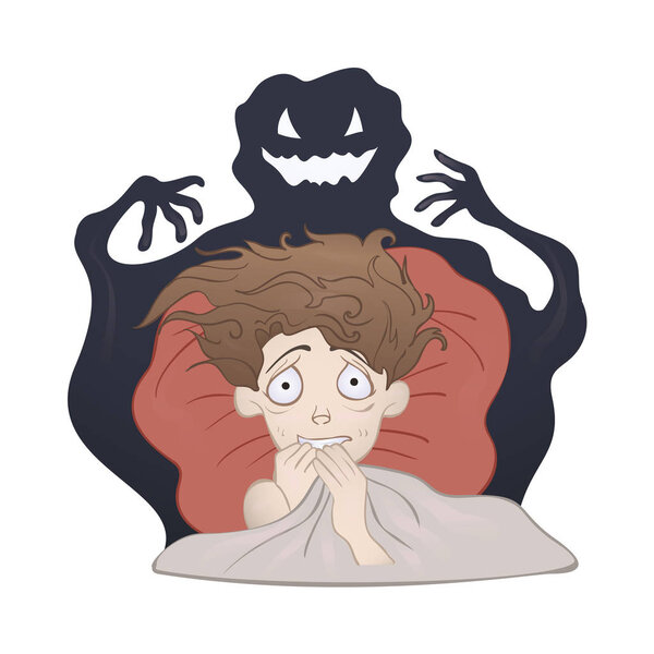 Frightened Boy in bed and the creepy shadow monster. Fear of the dark, nightmare. Vector illustration, isolated on white.