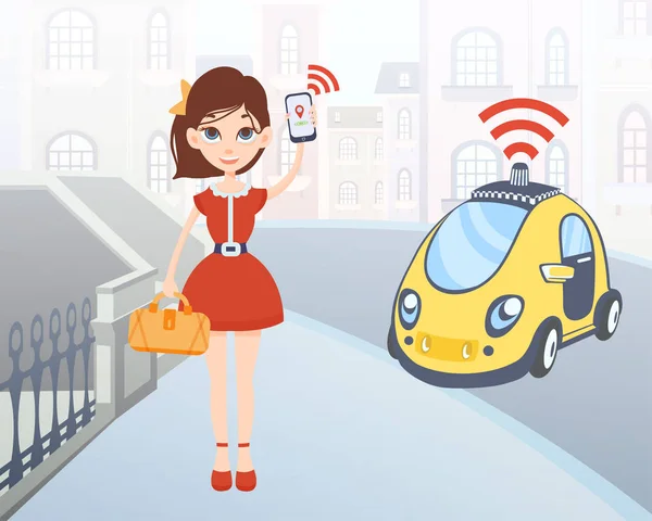 Mulher pedindo táxi sem motorista usando aplicativo móvel. Personagem feminina dos desenhos animados com smartphone e carro no fundo da rua da cidade. Ilustração vetorial . —  Vetores de Stock