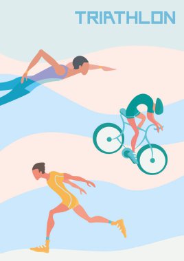 Poster triatlon yarışmaları için. Koşucu, bisikletçi ve yüzücü. Vektör çizim.